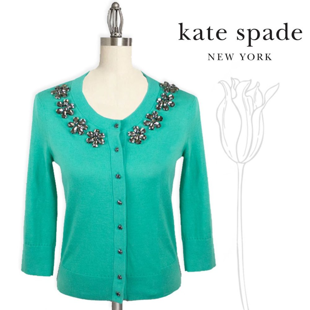 Kate Spade Teal Leni Embellished Cardigan Sweater XS - Picture 2 of 9